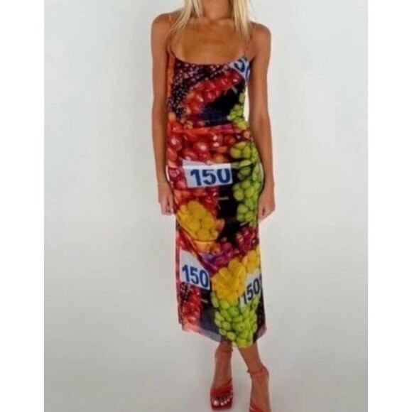 ZARA Fruit Print Mesh Maxi Dress Rare Blogger Limited Festival Colorful Med NWT - Picture 4 of 6